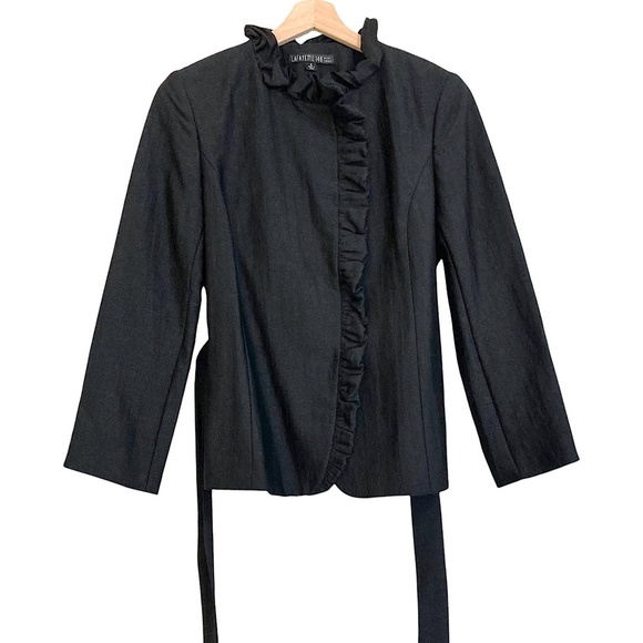LAFAYETTE 148 Ruffled Silk Blend Jacket Black Sash Belted Snaps Lined - Picture 6 of 9